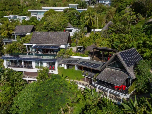 Villa Yin Kamala Headland aerial exterior showing solar roofs and gardens