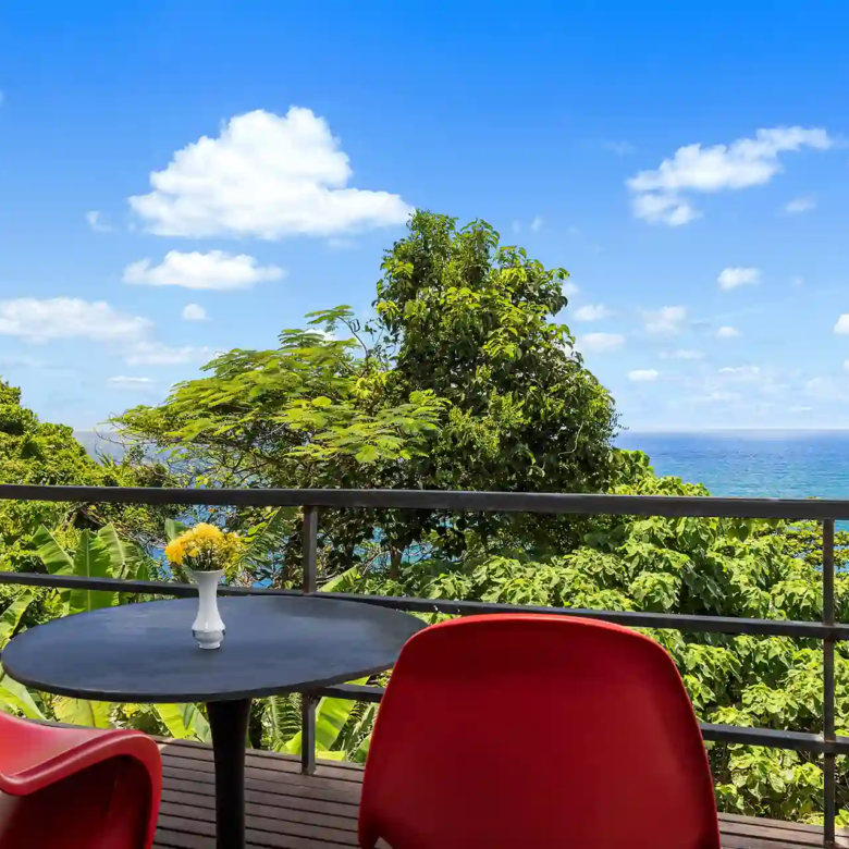 Villa Yin Kamala Headland intimate balcony bistro with blue sea backdrop