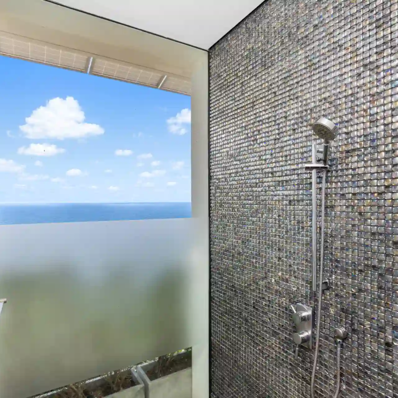 Villa Yin Kamala Headland mosaic bathroom shower with panoramic ocean view