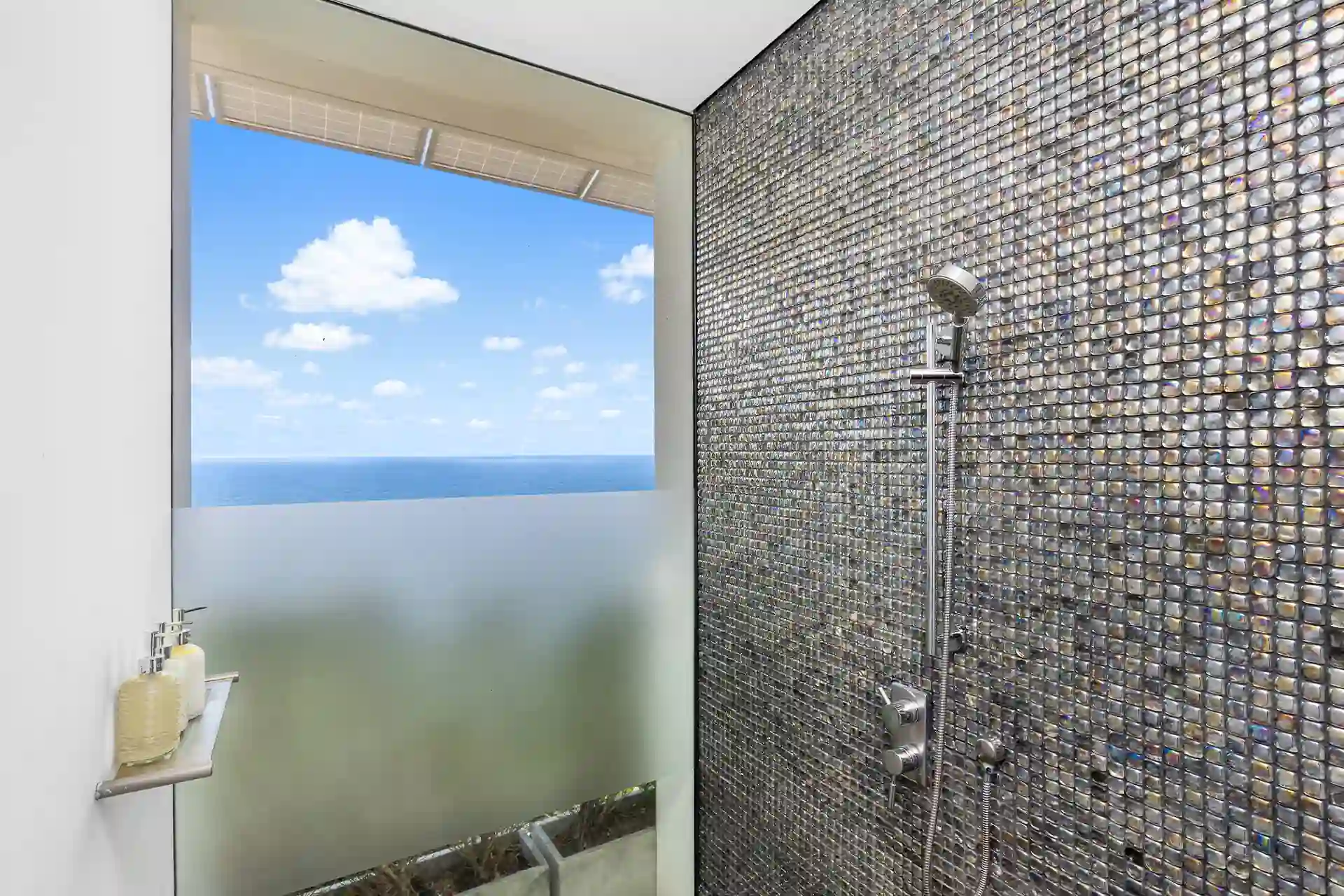 Villa Yin Kamala Headland mosaic bathroom shower with panoramic ocean view