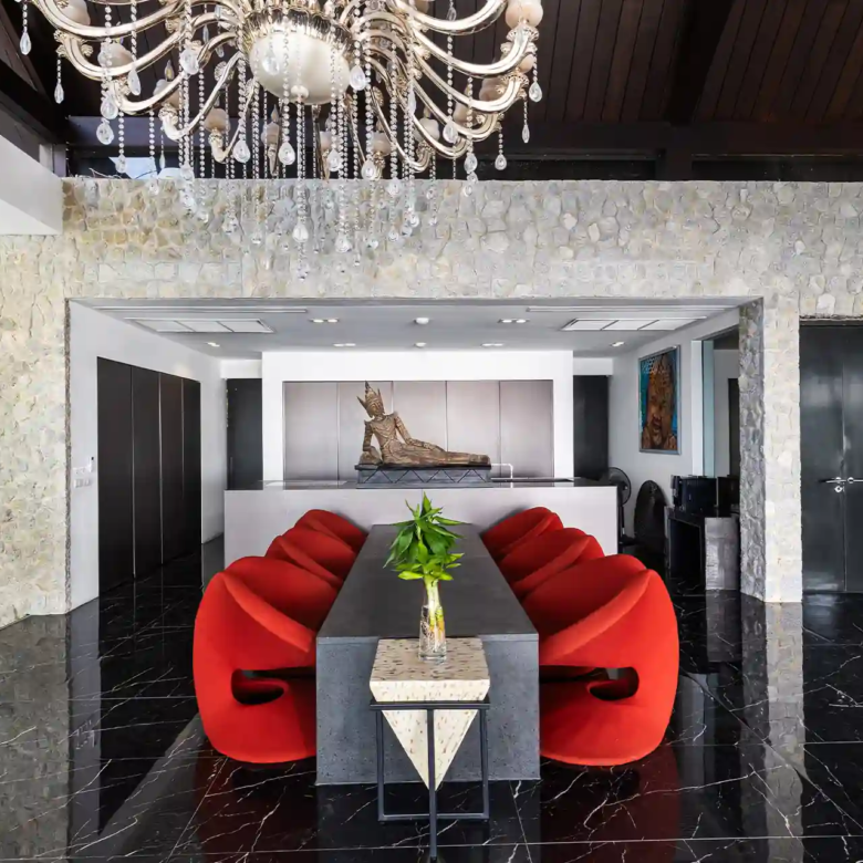 Villa Yin Kamala Headland grand dining hall with chandelier and art