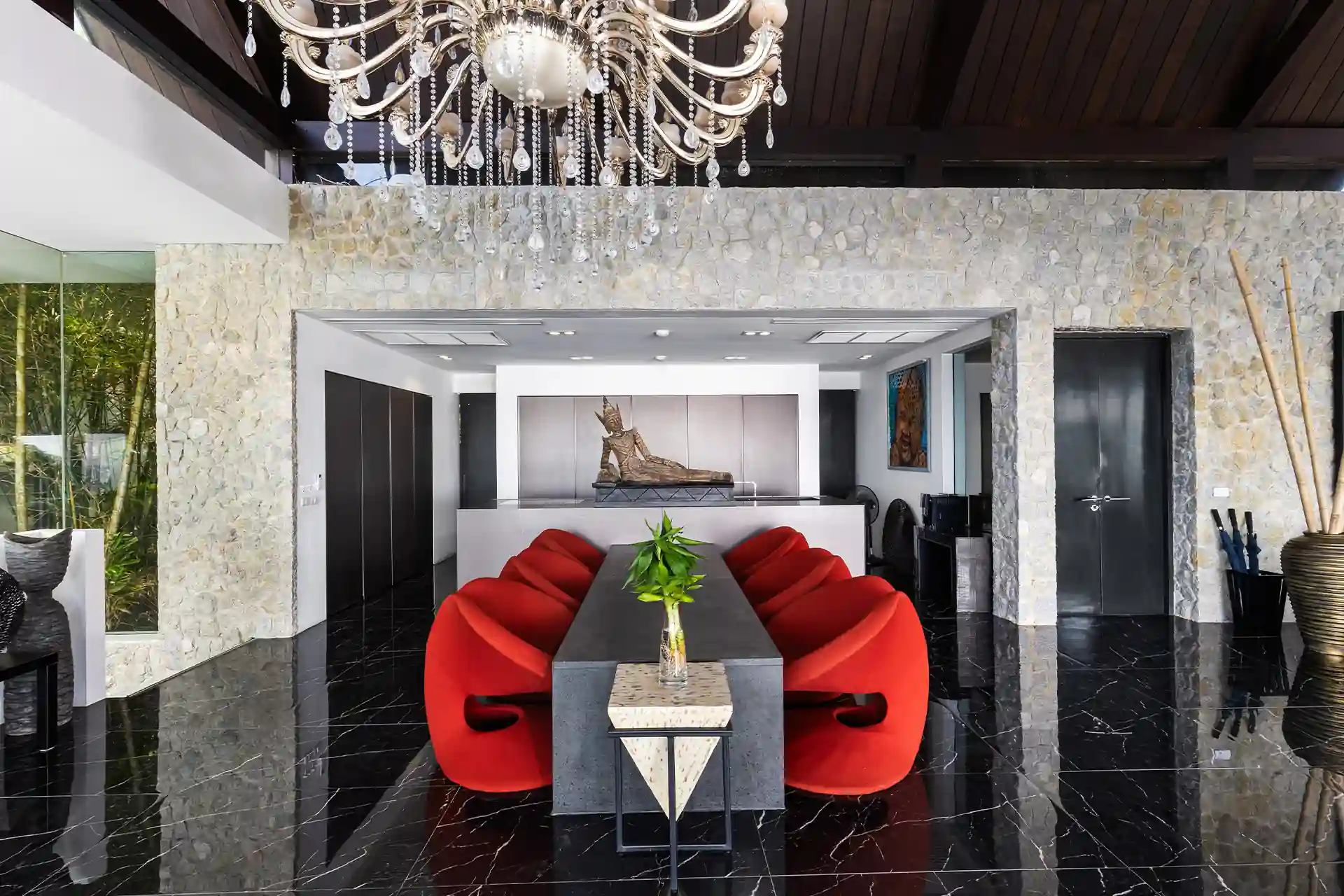 Villa Yin Kamala Headland grand dining hall with chandelier and art