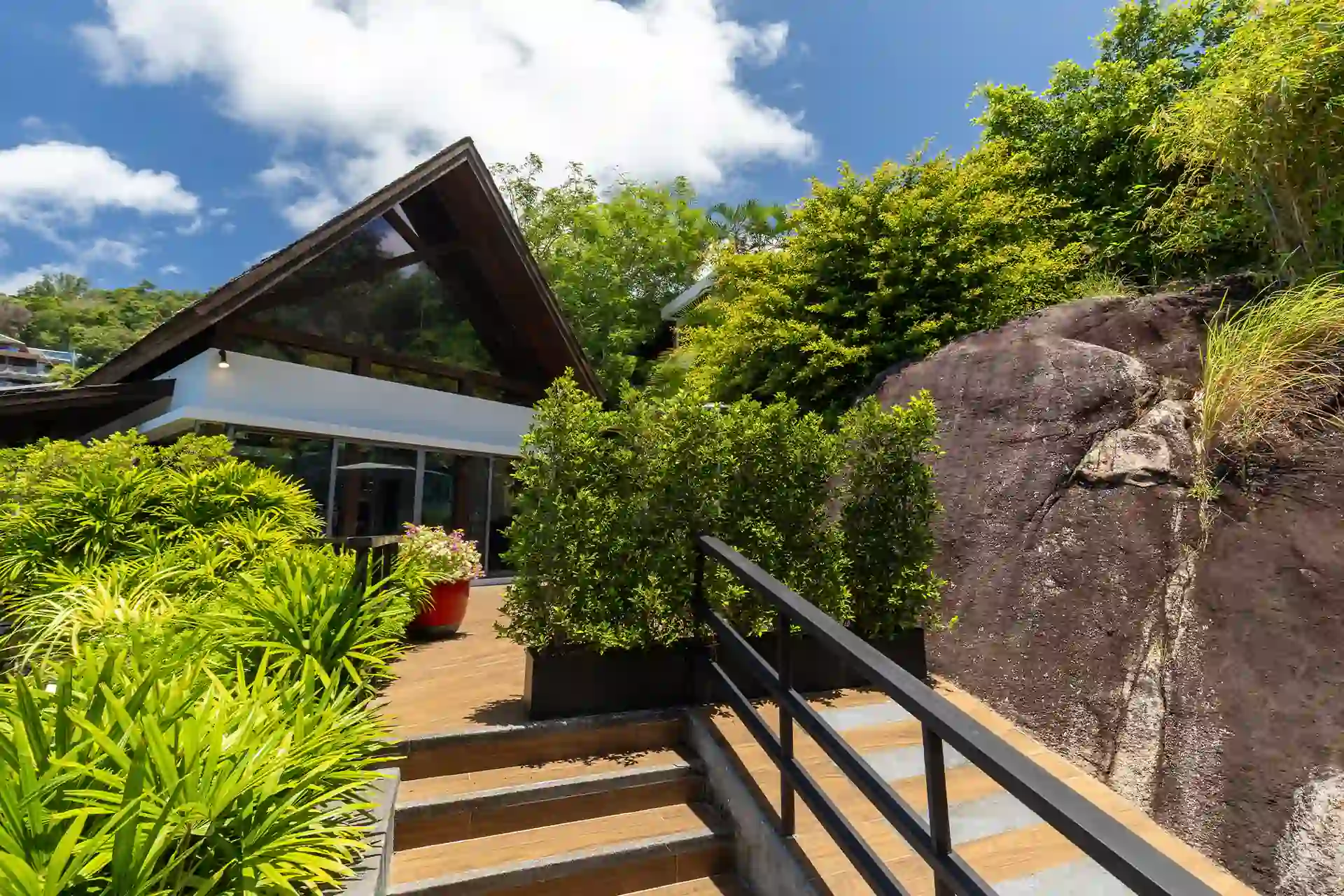 Villa Yin Kamala Headland landscaped entry steps with tropical greenery