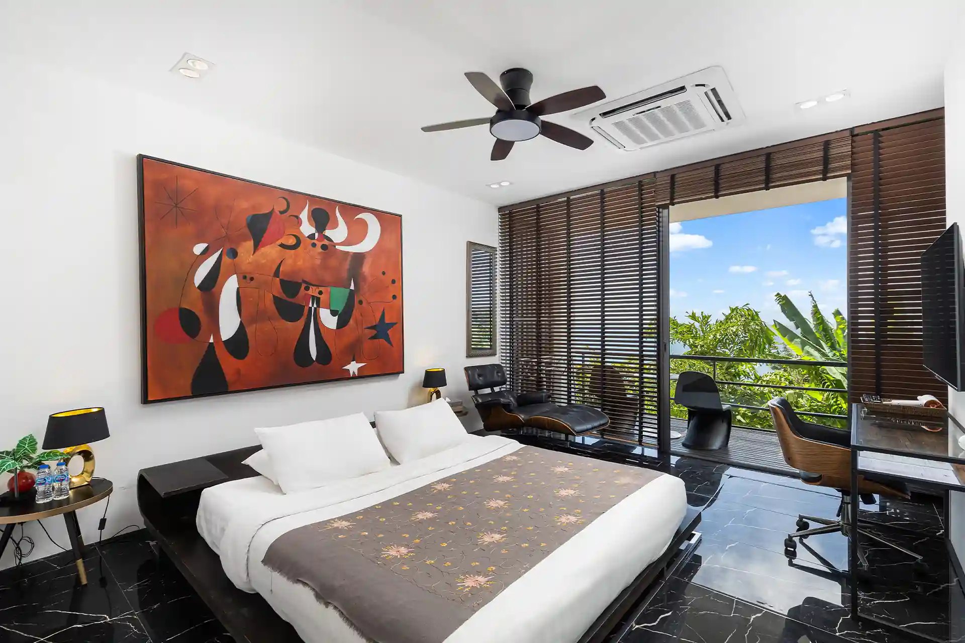 Villa Yin Kamala Headland guest bedroom with balcony and sea glimpse