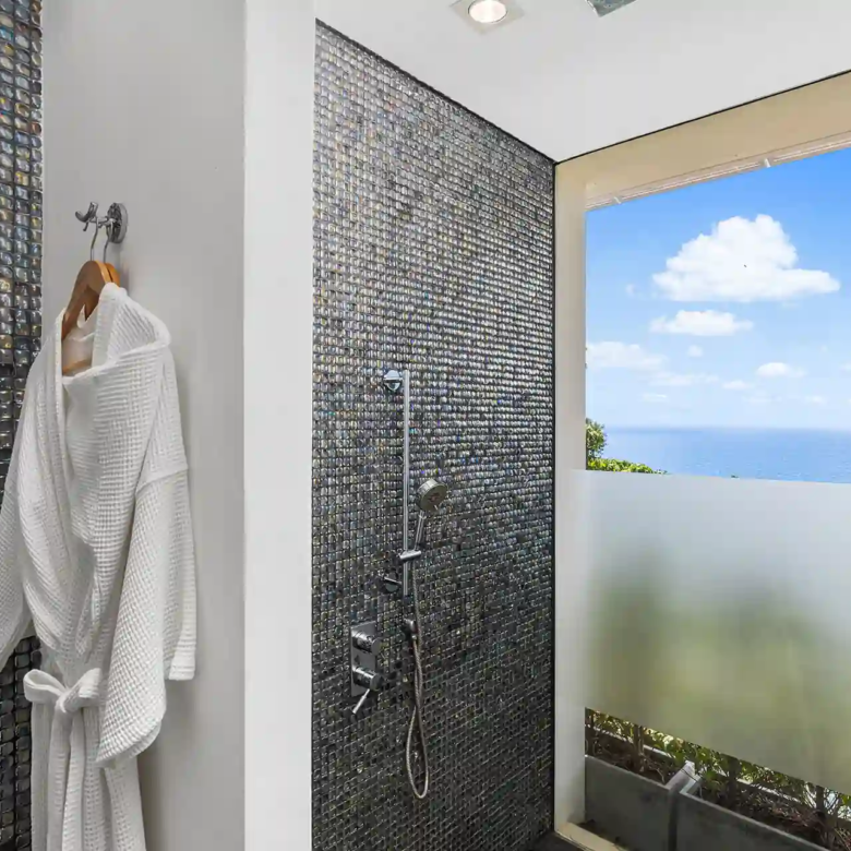 Villa Yin Kamala Headland glass shower with robe and sweeping sea view