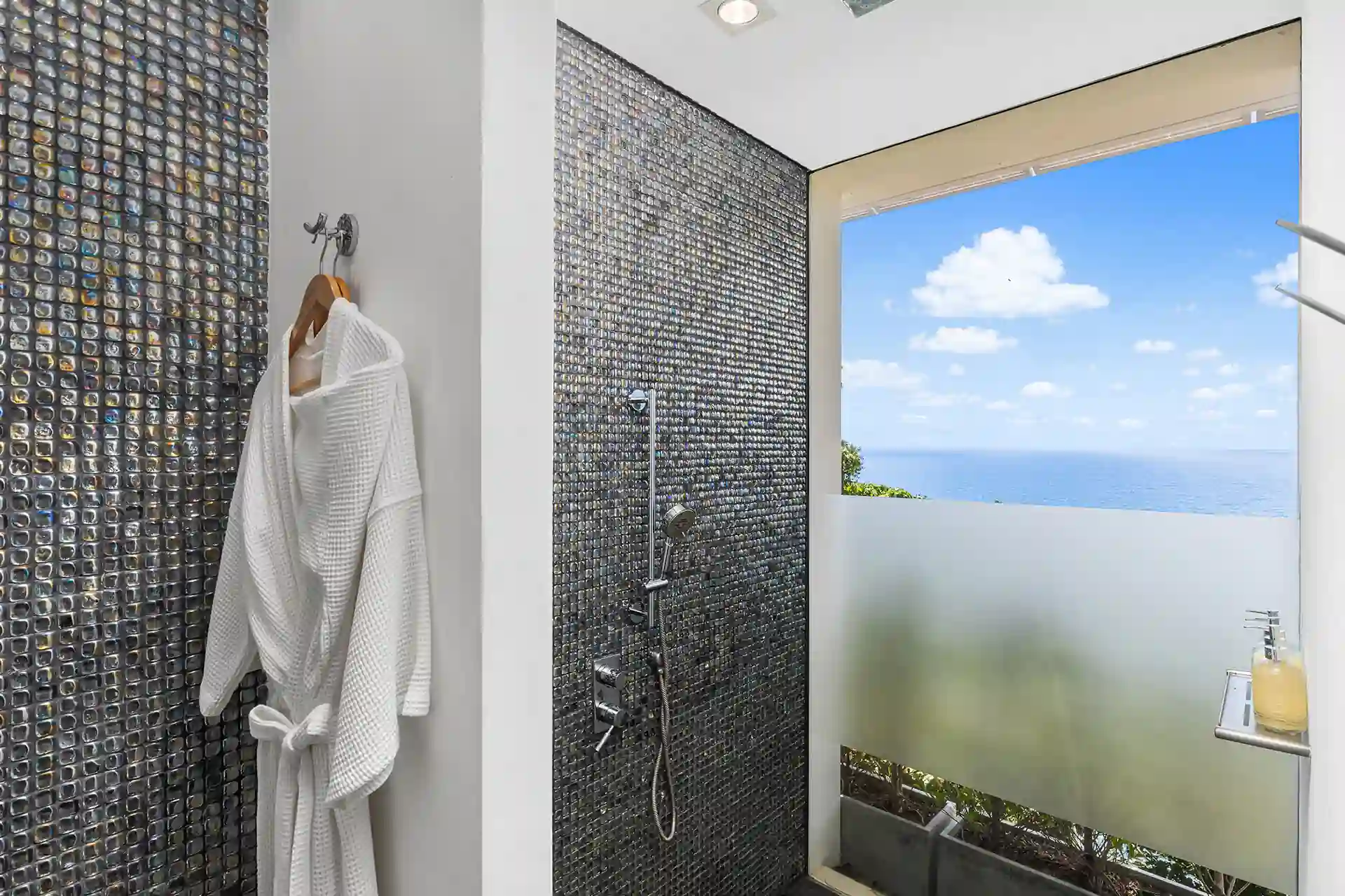Villa Yin Kamala Headland glass shower with robe and sweeping sea view