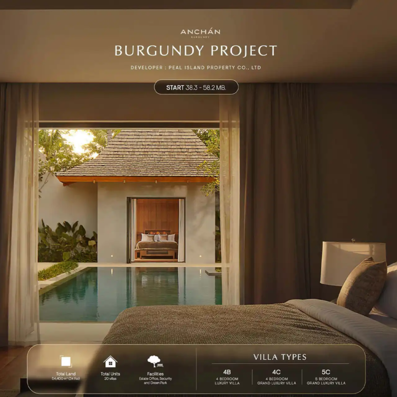 Anchan Burgundy Cherng Talay bedroom overlooking pool with project information overlay
