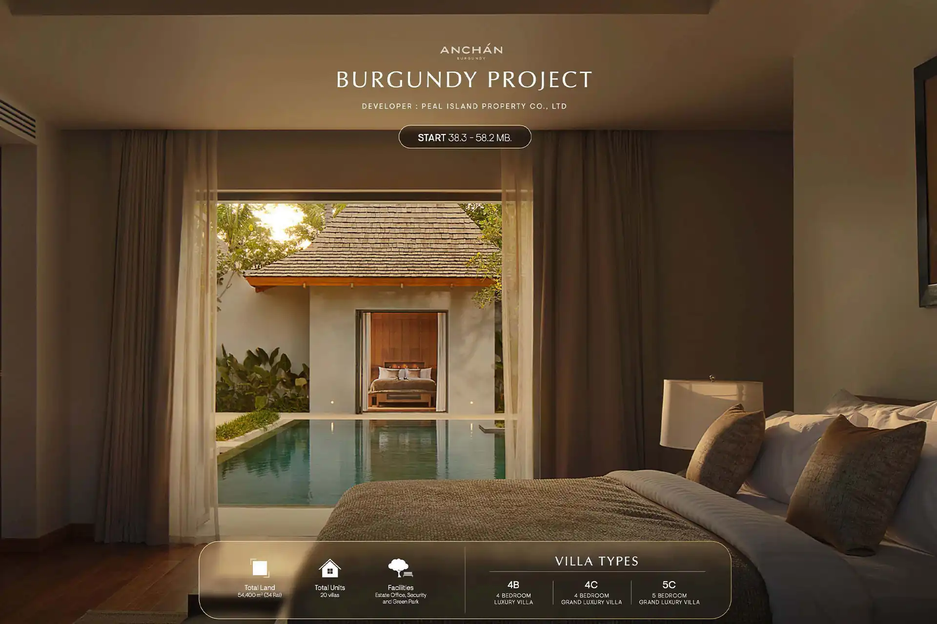 Anchan Burgundy Cherng Talay bedroom overlooking pool with project information overlay
