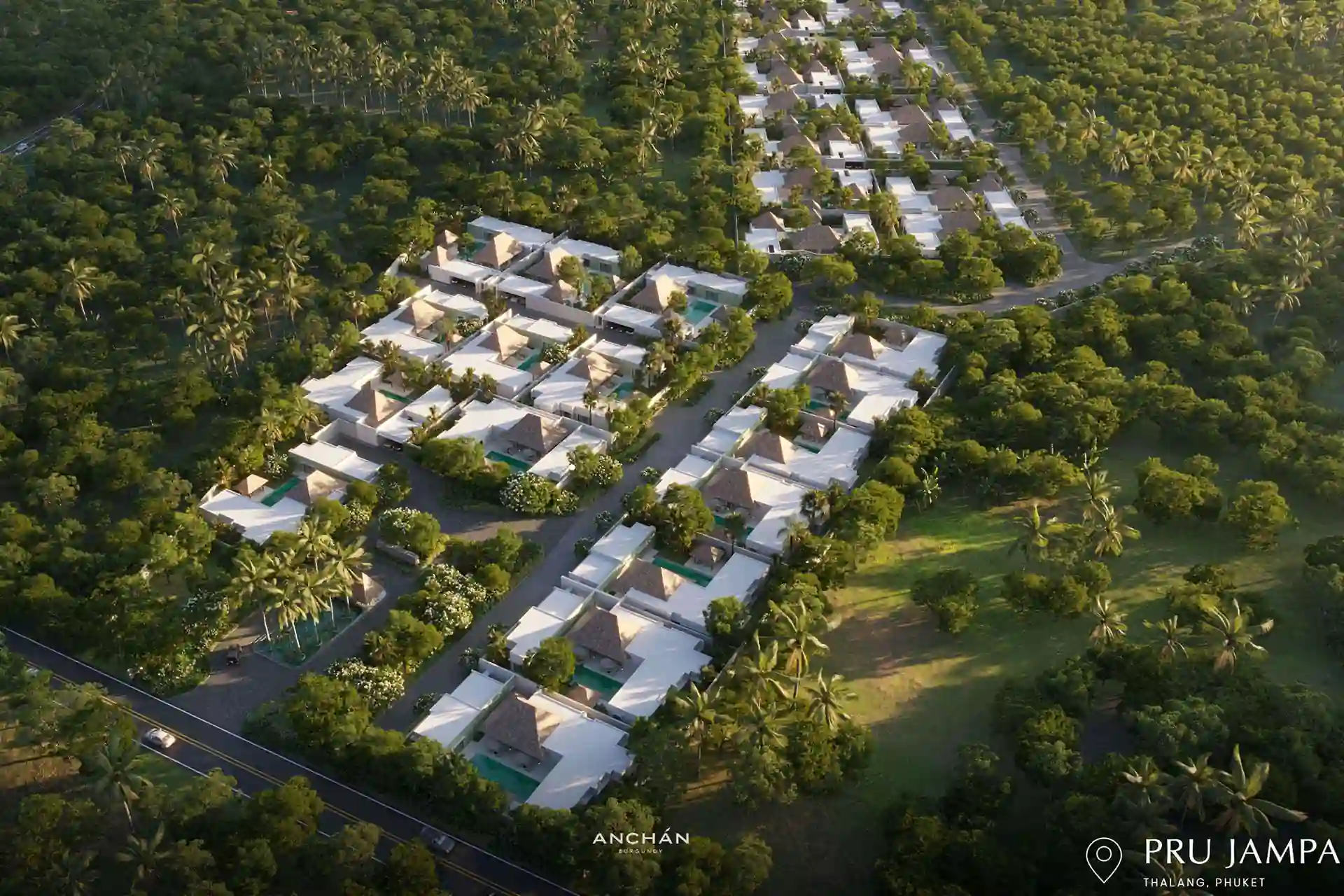 Anchan Burgundy Cherng Talay aerial view of pool villa estate