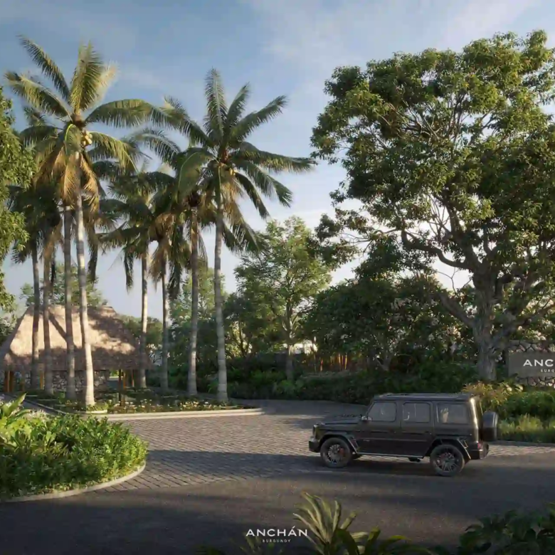 Anchan Burgundy Cherng Talay tropical gated entrance with palm trees