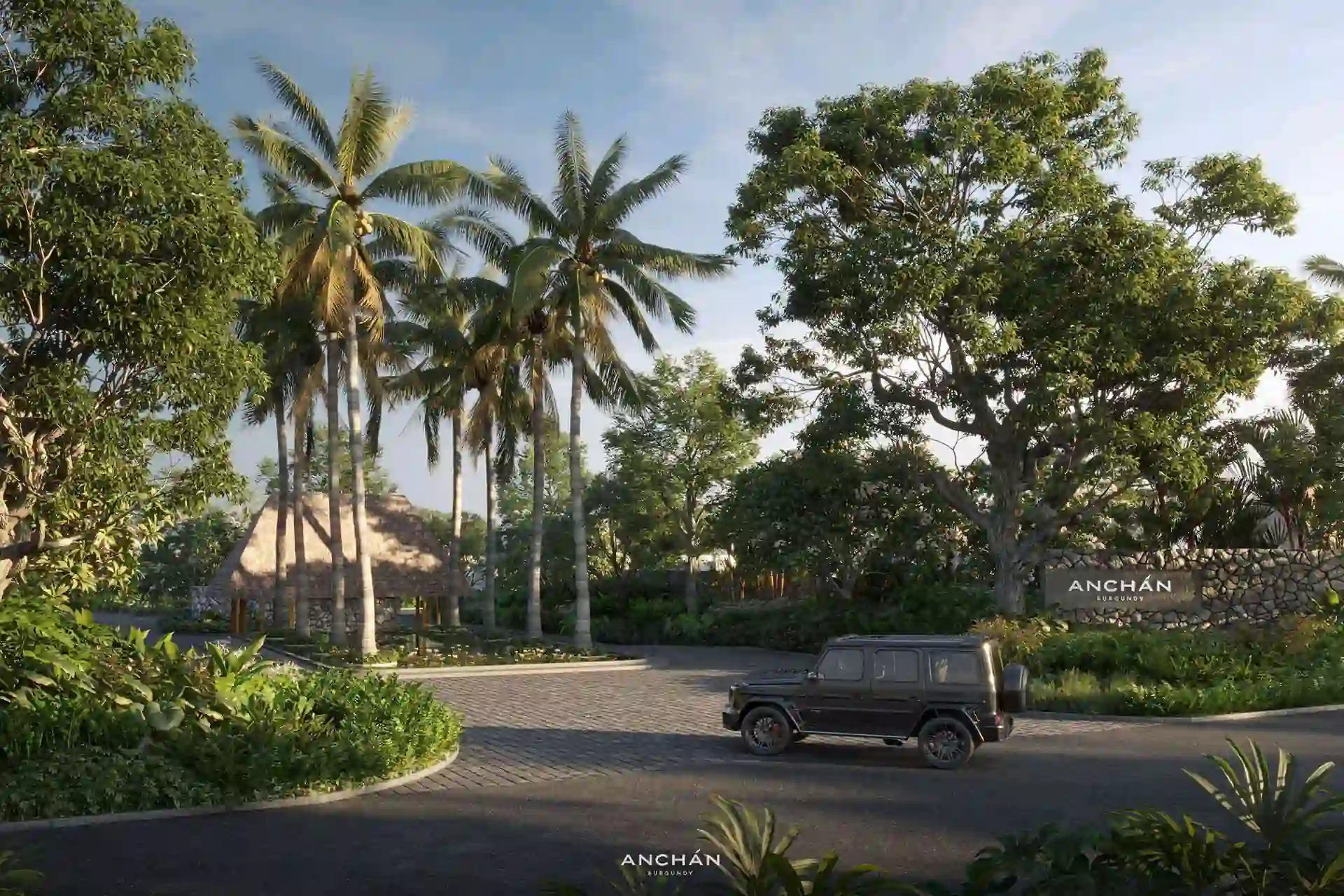 Anchan Burgundy Cherng Talay tropical gated entrance with palm trees