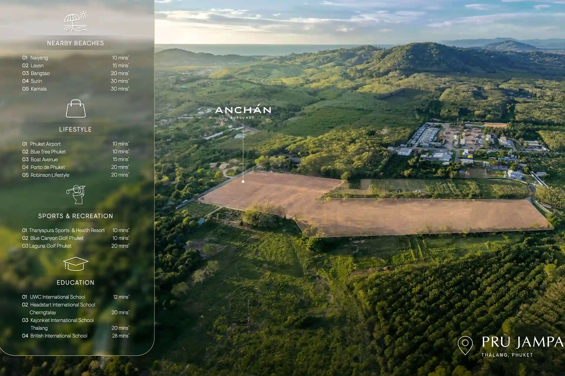 Anchan Burgundy Cherng Talay location aerial near Naiyang and Layan