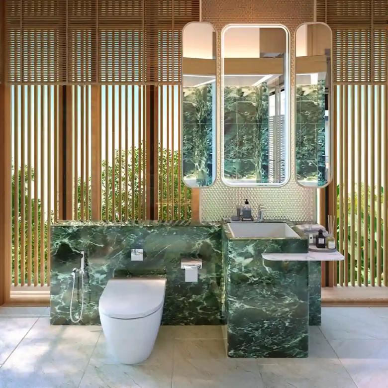 Annara Residences Pasak Phuket marble vanity bathroom with panoramic green views