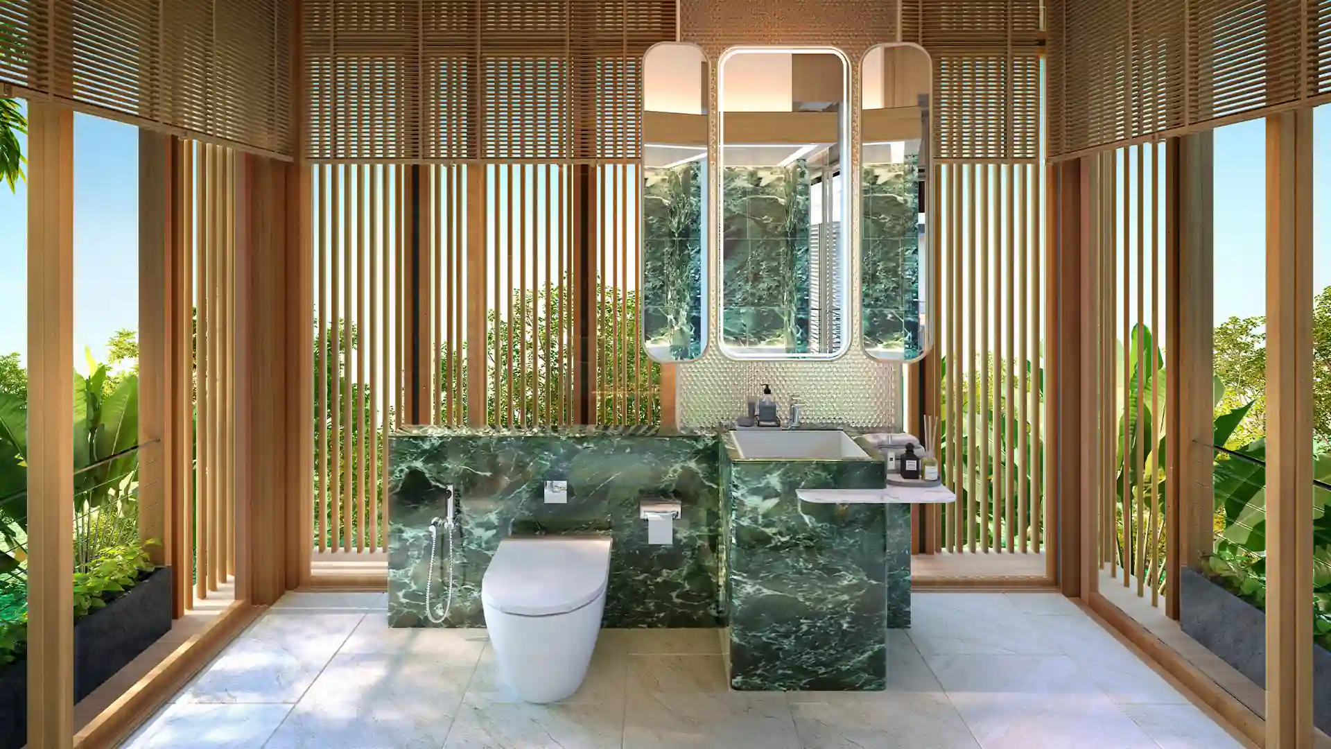 Annara Residences Pasak Phuket marble vanity bathroom with panoramic green views