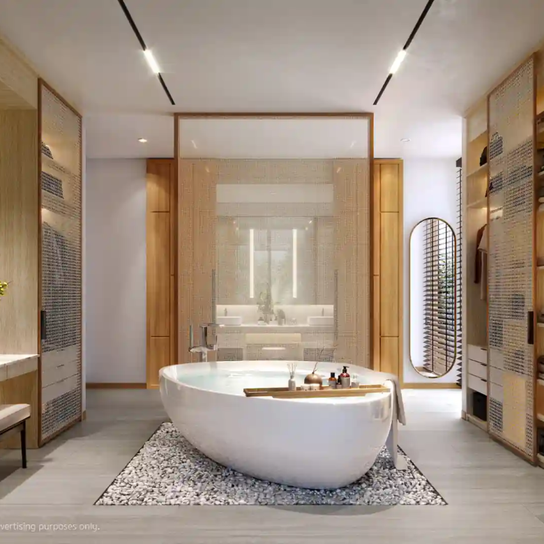 Annara Residences Pasak Phuket master bathroom with freestanding tub and wardrobe
