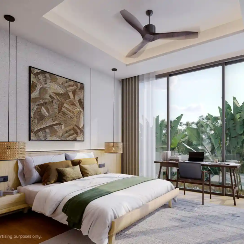 Annara Residences Pasak Phuket master bedroom with large window and garden view desk