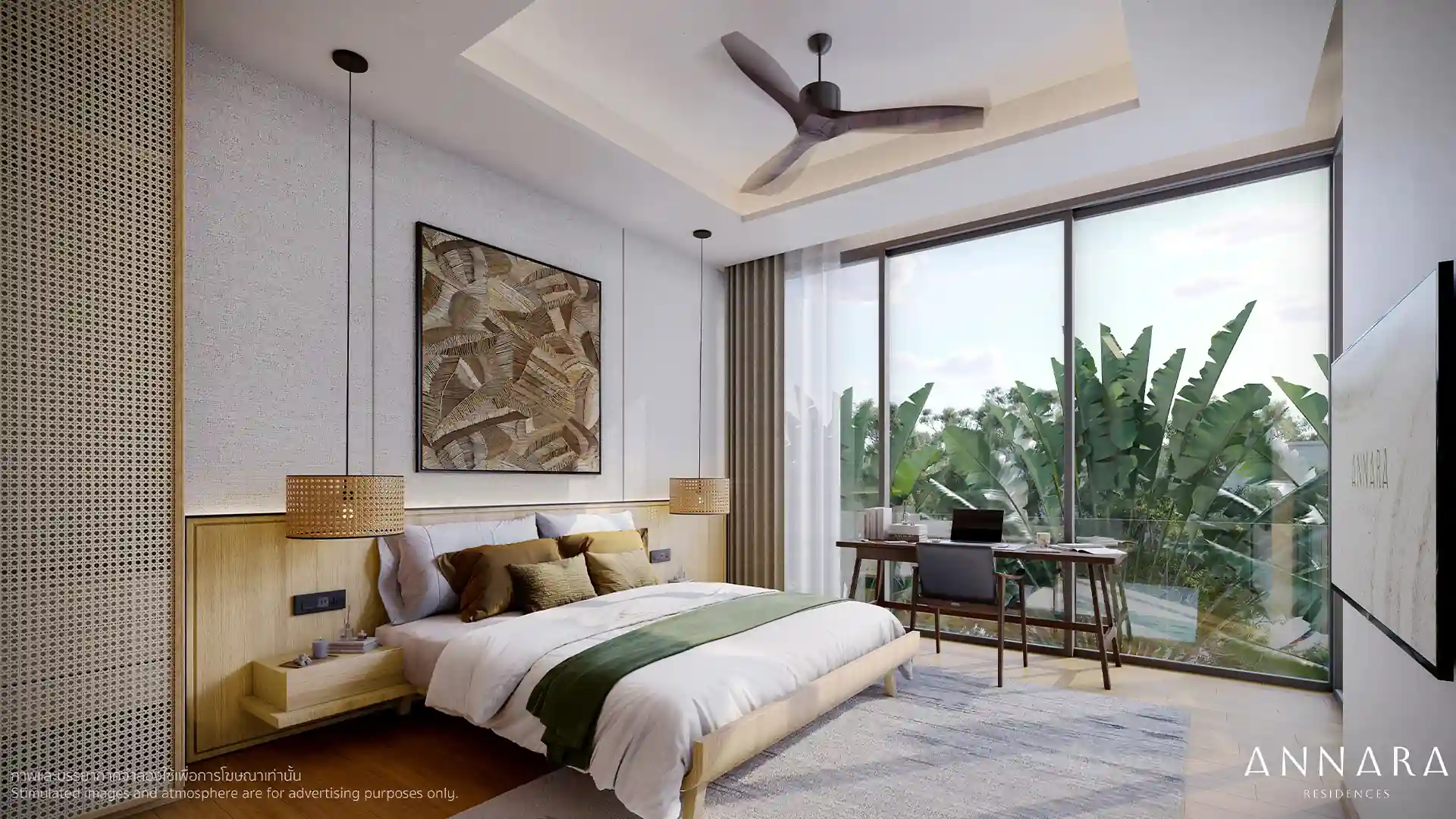 Annara Residences Pasak Phuket master bedroom with large window and garden view desk