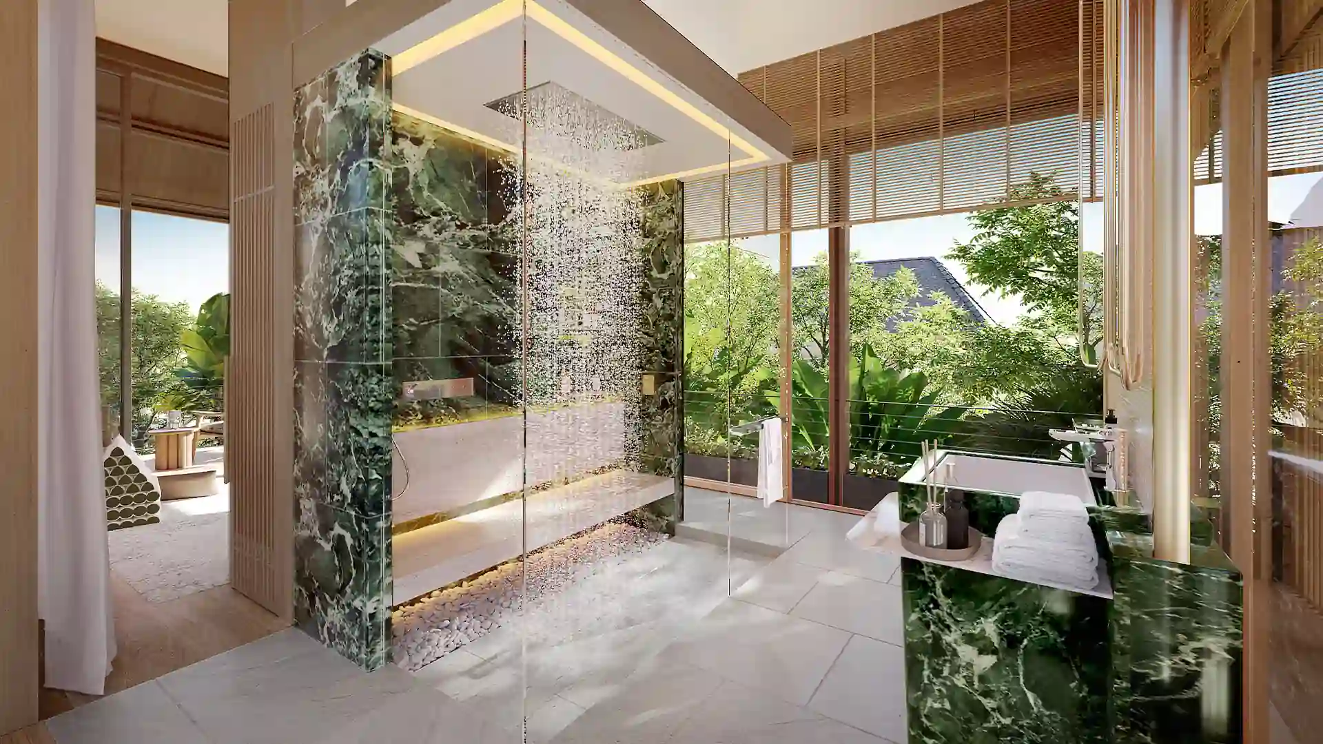 Annara Residences Pasak Phuket rain shower bathroom with garden views