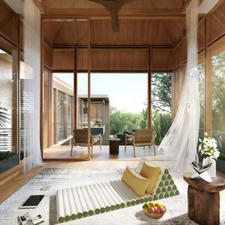 Annara Residences Pasak Phuket treehouse lounge with daybed and leafy garden outlook