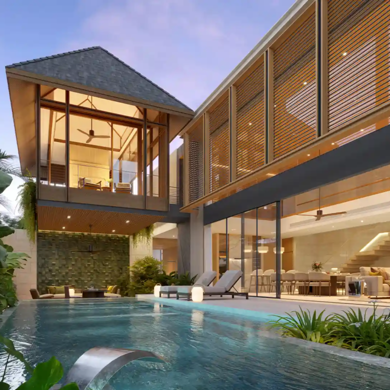 Annara Residences Pasak Phuket Type L private pool with elevated pavilion at dusk