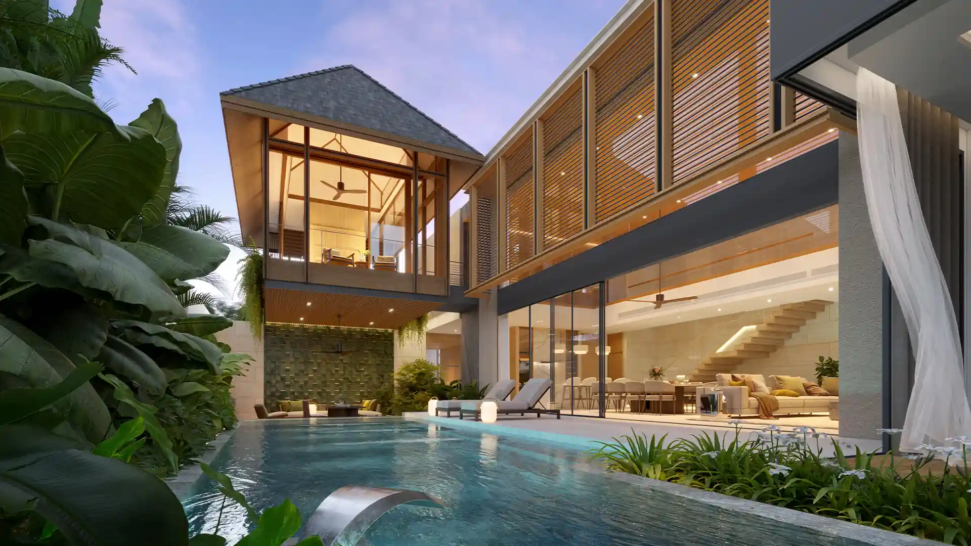 Annara Residences Pasak Phuket Type L private pool with elevated pavilion at dusk