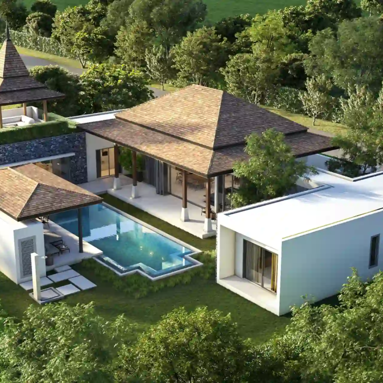 Botanica Four Season Thalang aerial view of villa, pool and garden