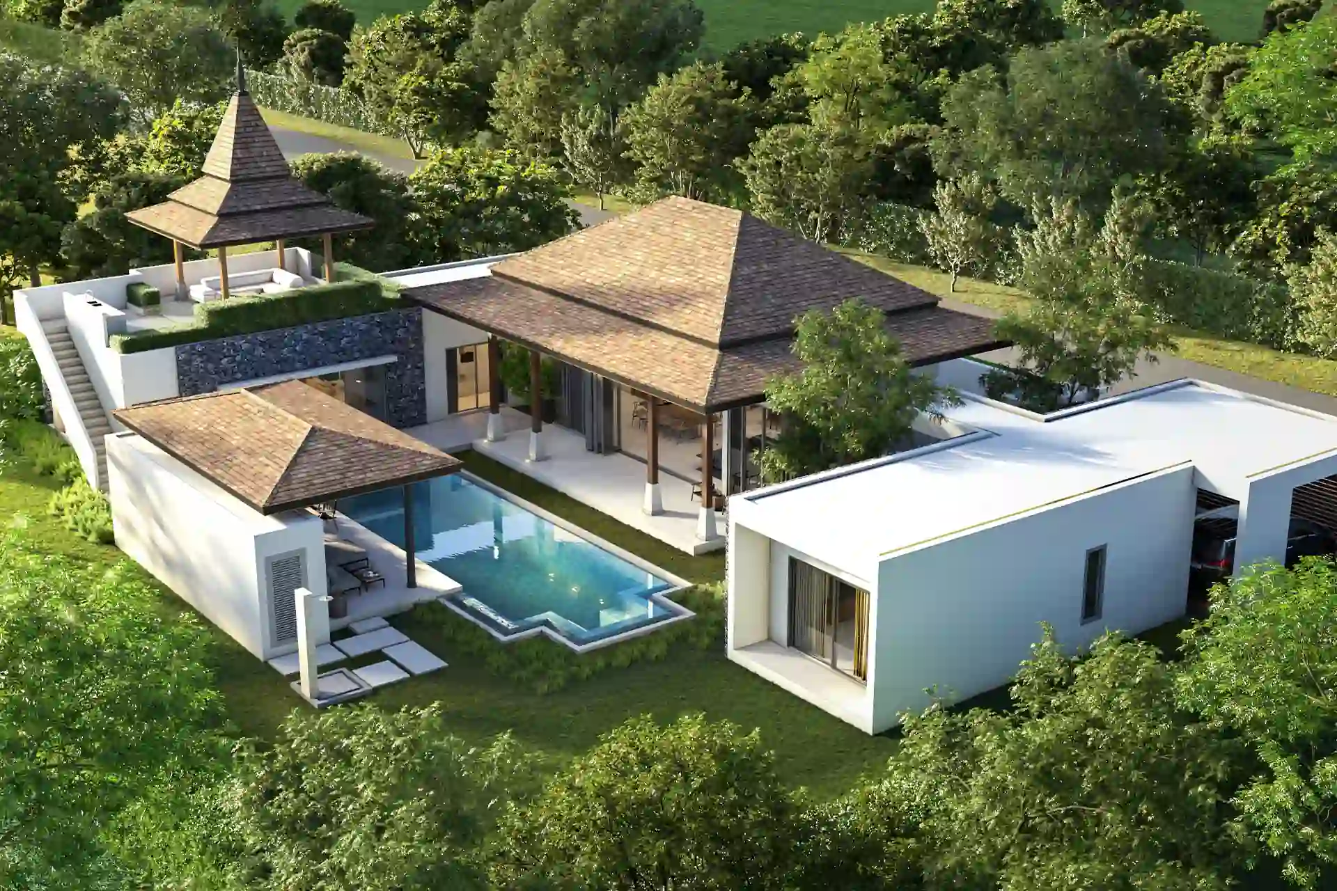 Botanica Four Season Thalang aerial view of villa, pool and garden