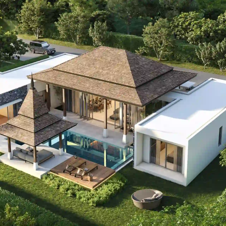 Botanica Four Season Thalang bird's-eye villa view with poolside sala