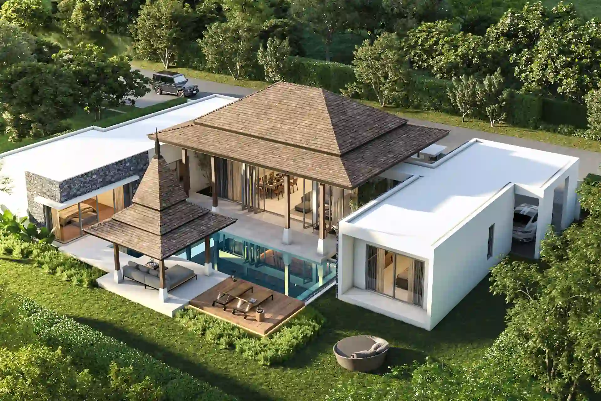 Botanica Four Season Thalang bird's-eye villa view with poolside sala