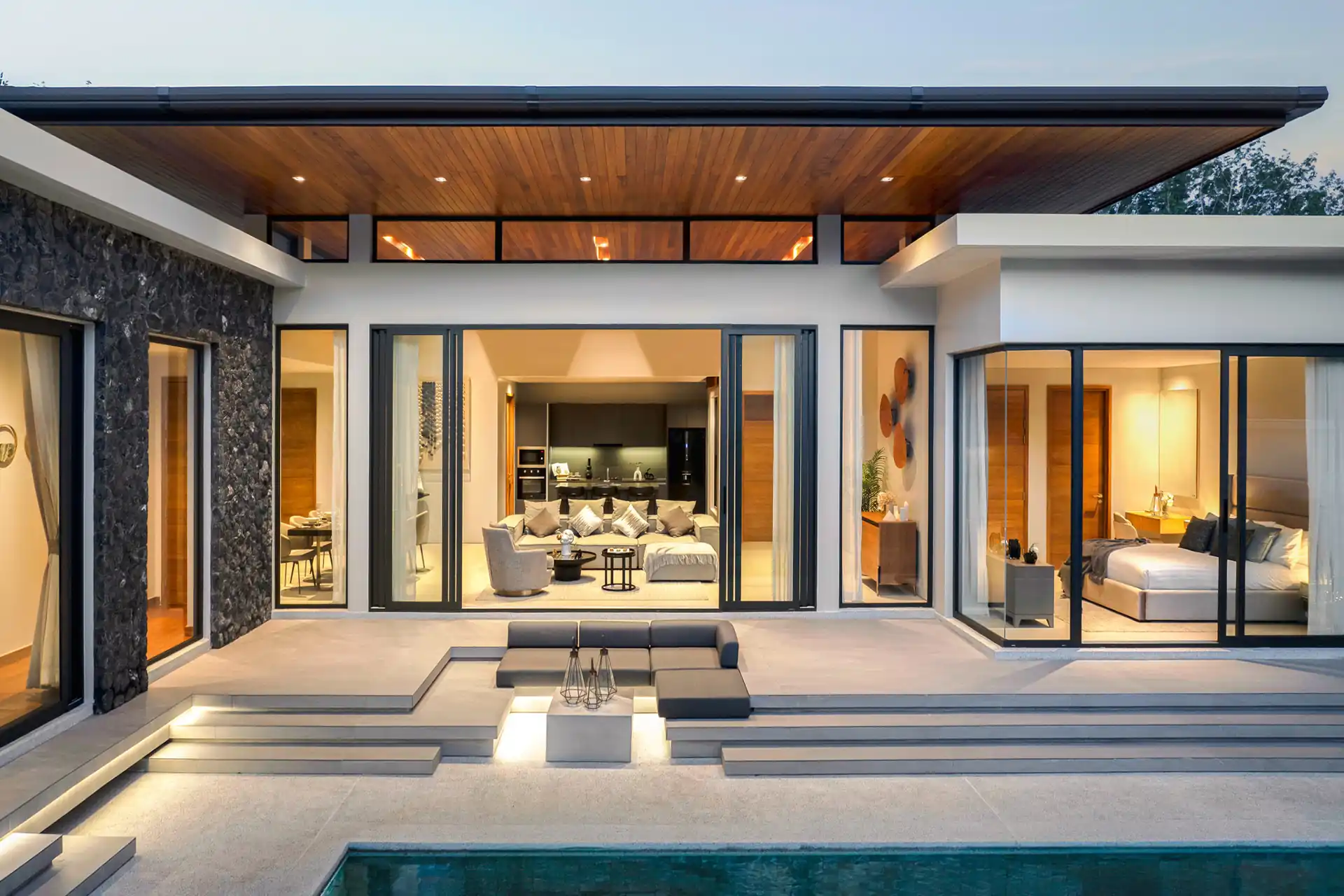 Botanica Four Season Thalang modern pool villa facade with sunken lounge