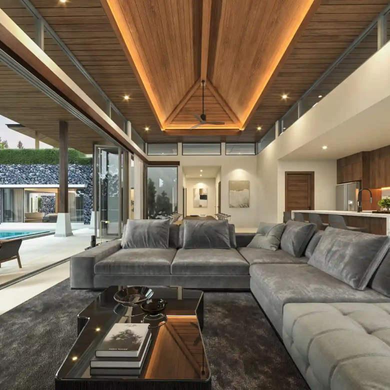 Botanica Four Season Thalang open living room facing pool courtyard