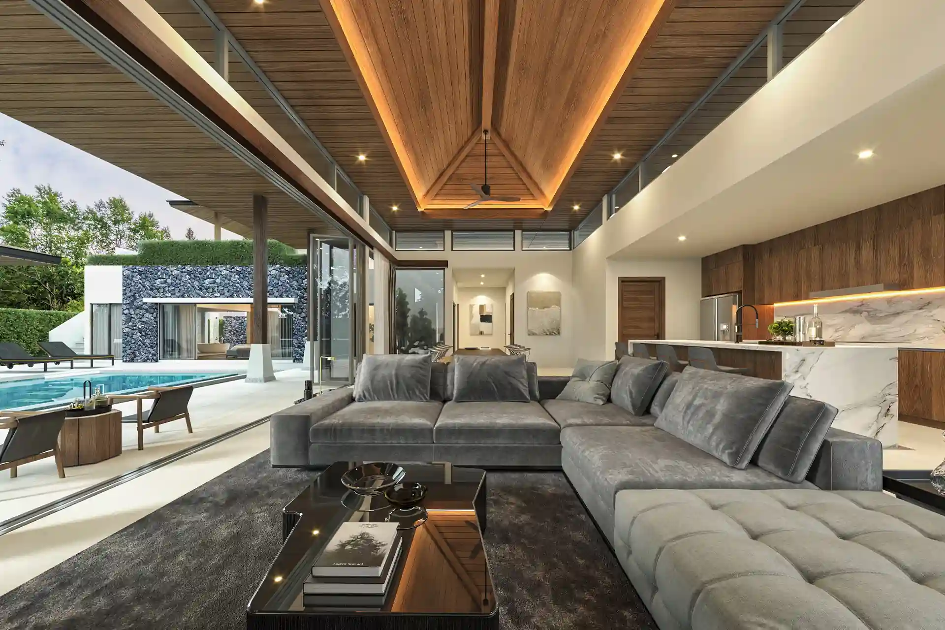 Botanica Four Season Thalang open living room facing pool courtyard