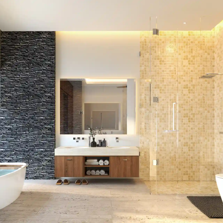 Botanica Four Season Thalang spacious bathroom with glass shower and freestanding tub