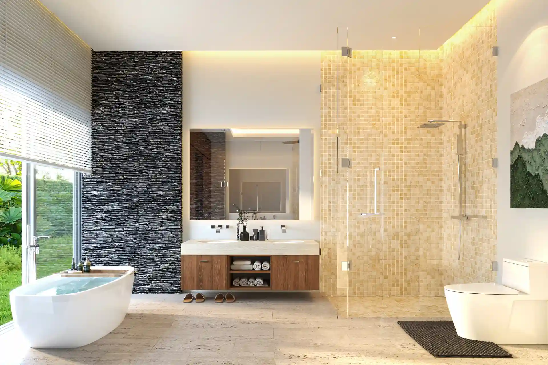 Botanica Four Season Thalang spacious bathroom with glass shower and freestanding tub
