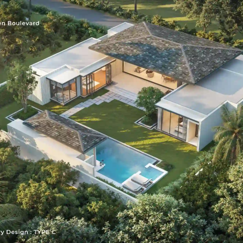 Botanica Green Boulevard Pool Villas aerial view with private swimming pool