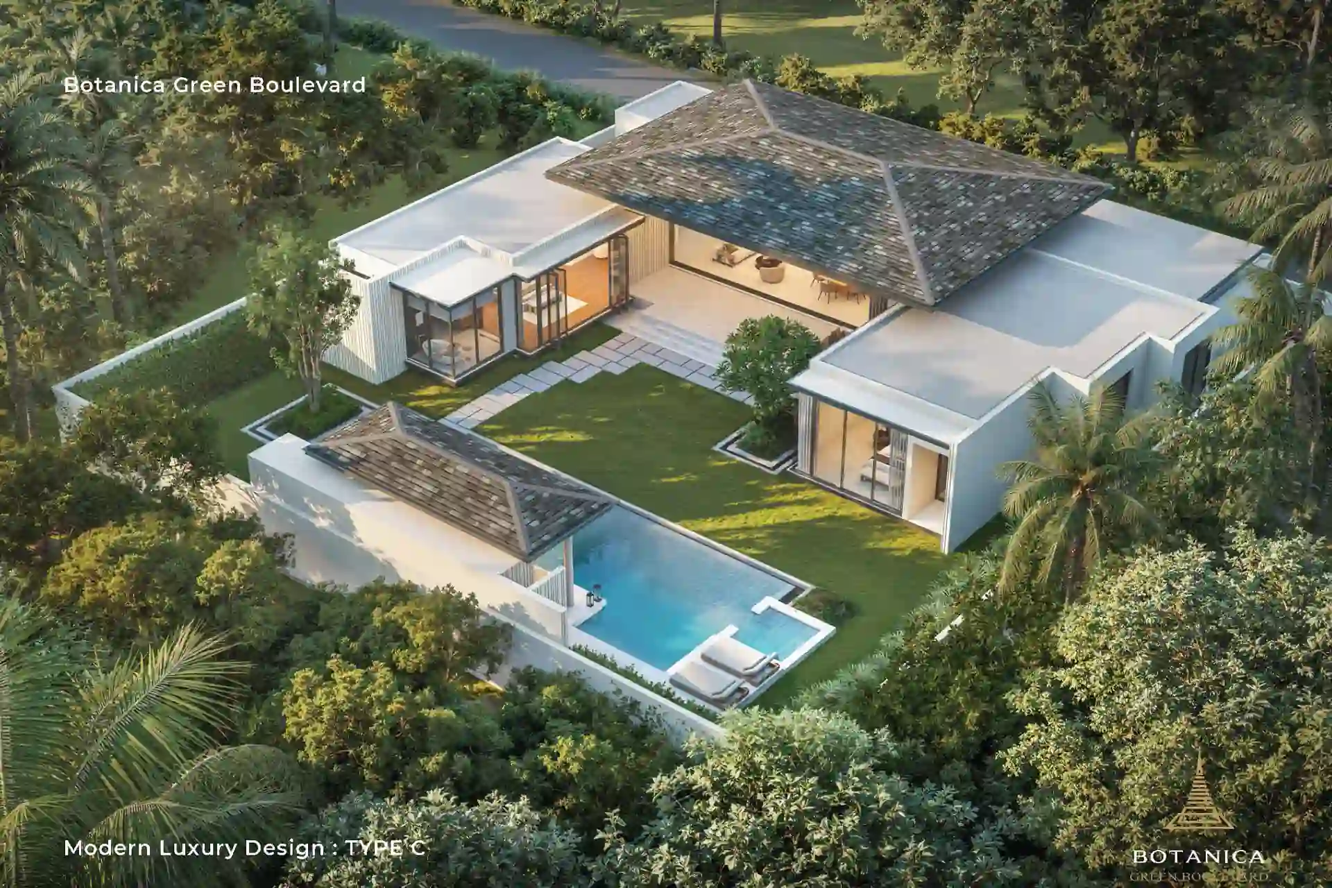 Botanica Green Boulevard Pool Villas aerial view with private swimming pool