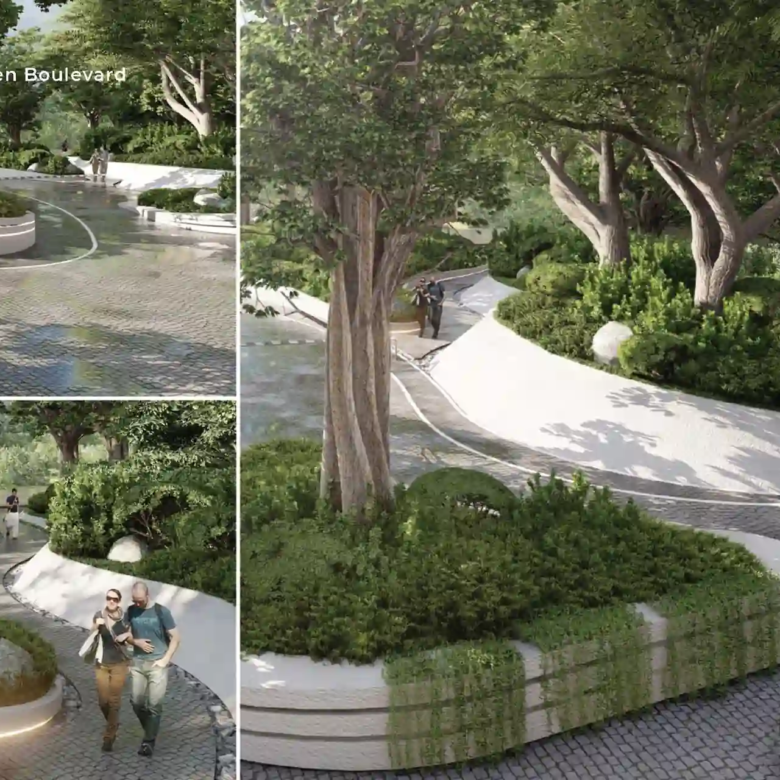 Botanica Green Boulevard Pool Villas clubhouse garden with curved pathways and trees