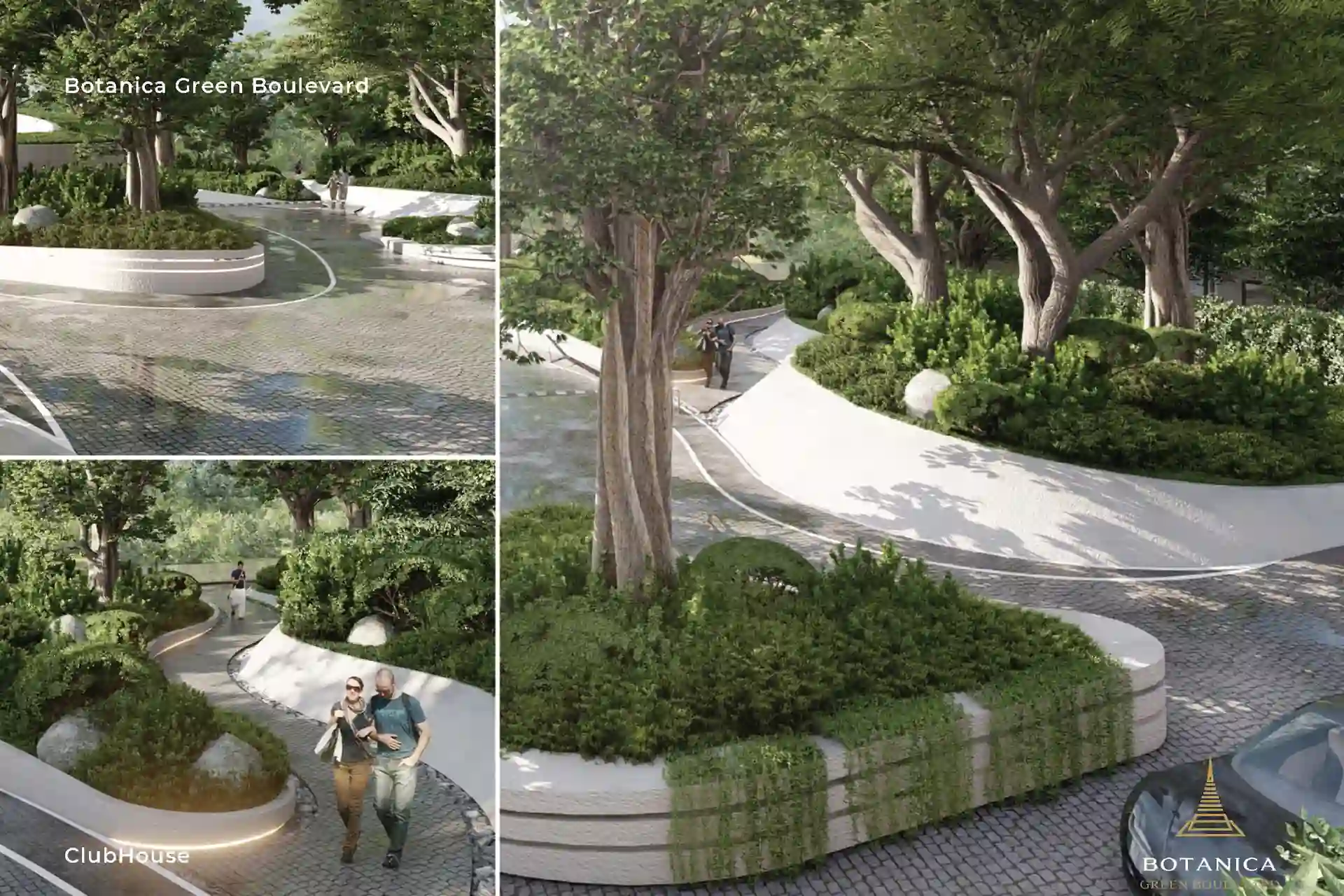 Botanica Green Boulevard Pool Villas clubhouse garden with curved pathways and trees
