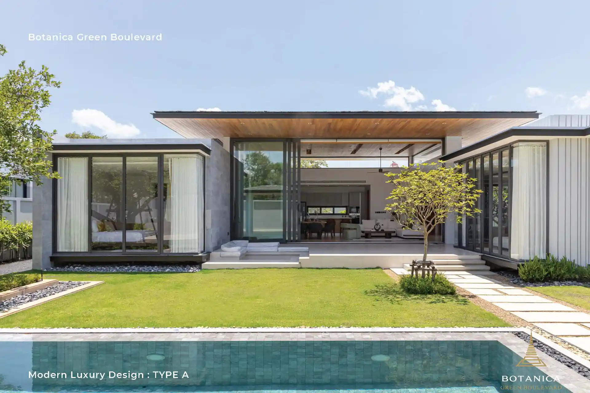 Botanica Green Boulevard Pool Villas twilight pool view with glowing interiors