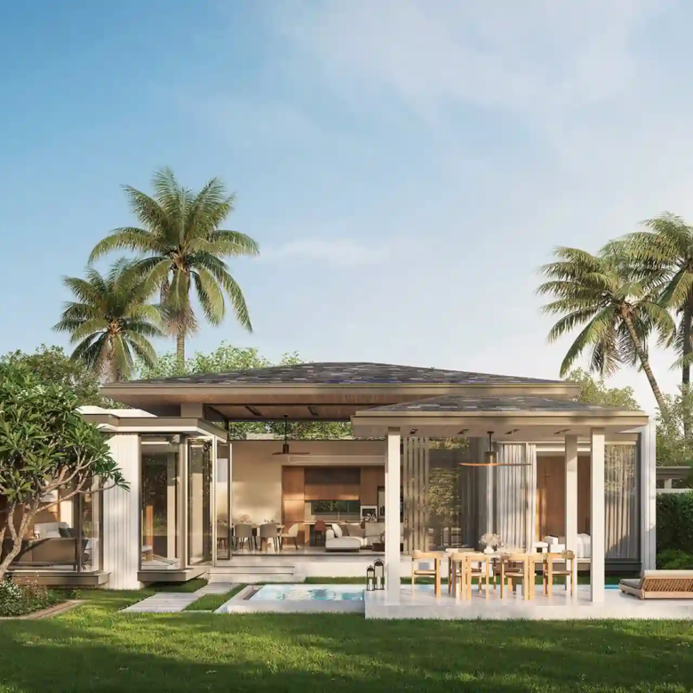 Botanica Green Boulevard Pool Villas tropical front lawn with modern pavilion home