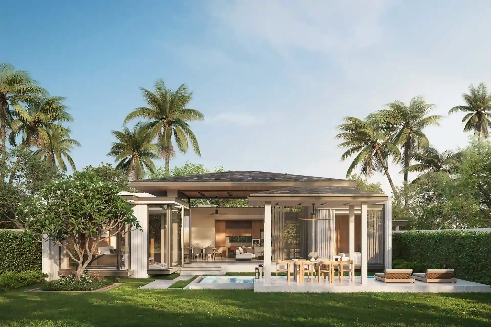 Botanica Green Boulevard Pool Villas tropical front lawn with modern pavilion home