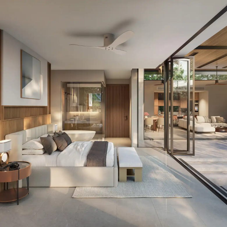 Botanica Green Boulevard Pool Villas master bedroom with glass courtyard view