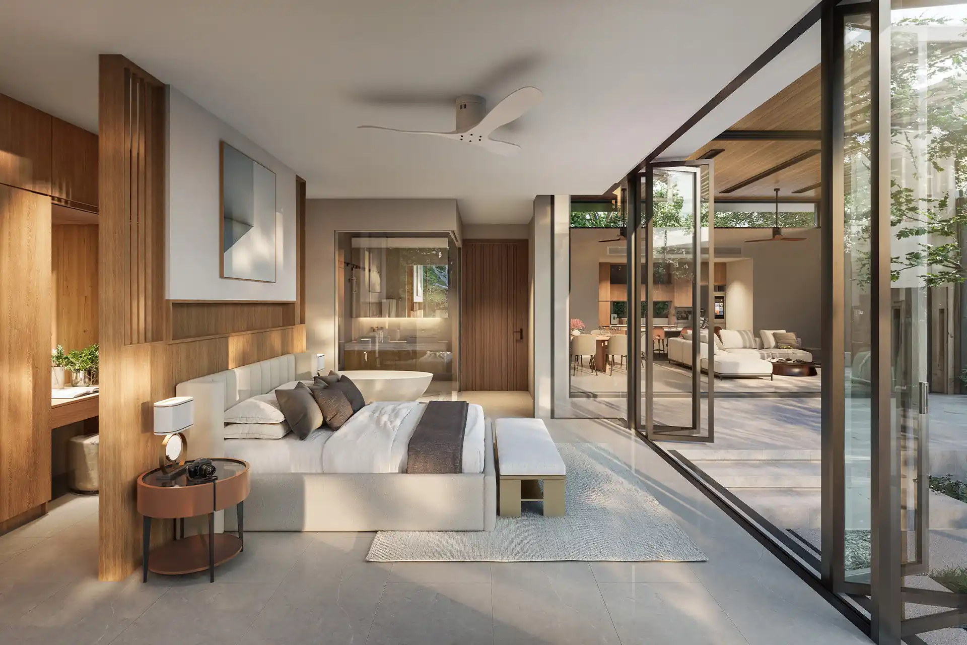 Botanica Green Boulevard Pool Villas master bedroom with glass courtyard view