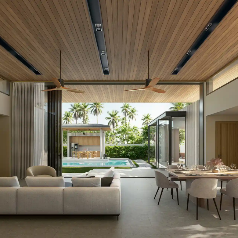 Botanica Green Boulevard Pool Villas open-plan lounge with pool view