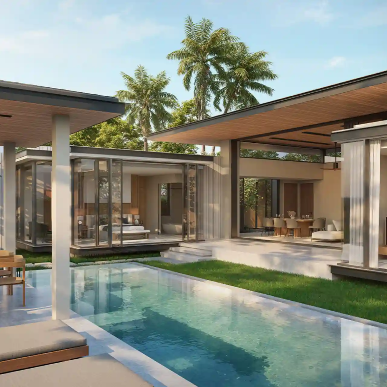 Botanica Green Boulevard Pool Villas sun loungers beside pool and dining sala