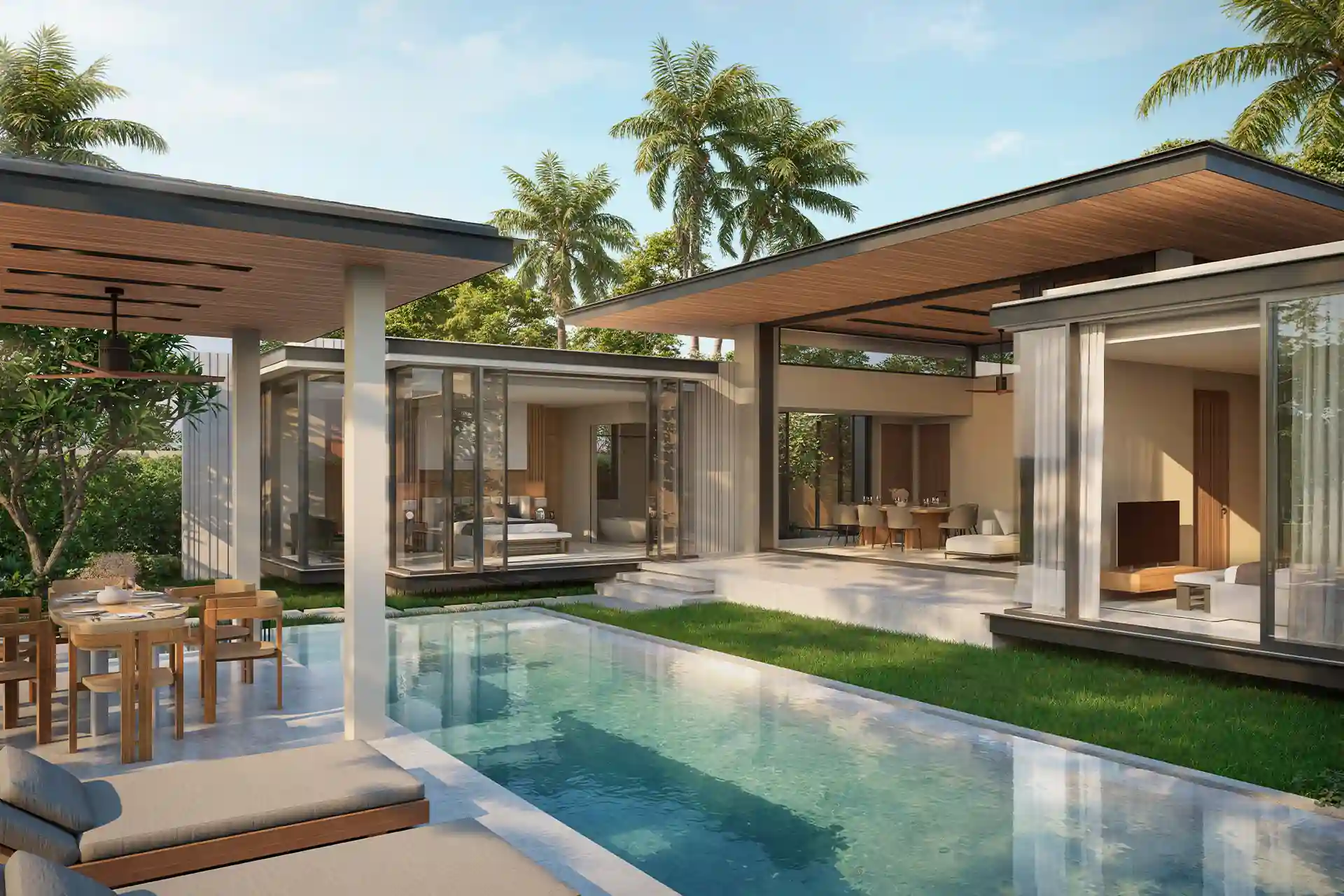 Botanica Green Boulevard Pool Villas sun loungers beside pool and dining sala
