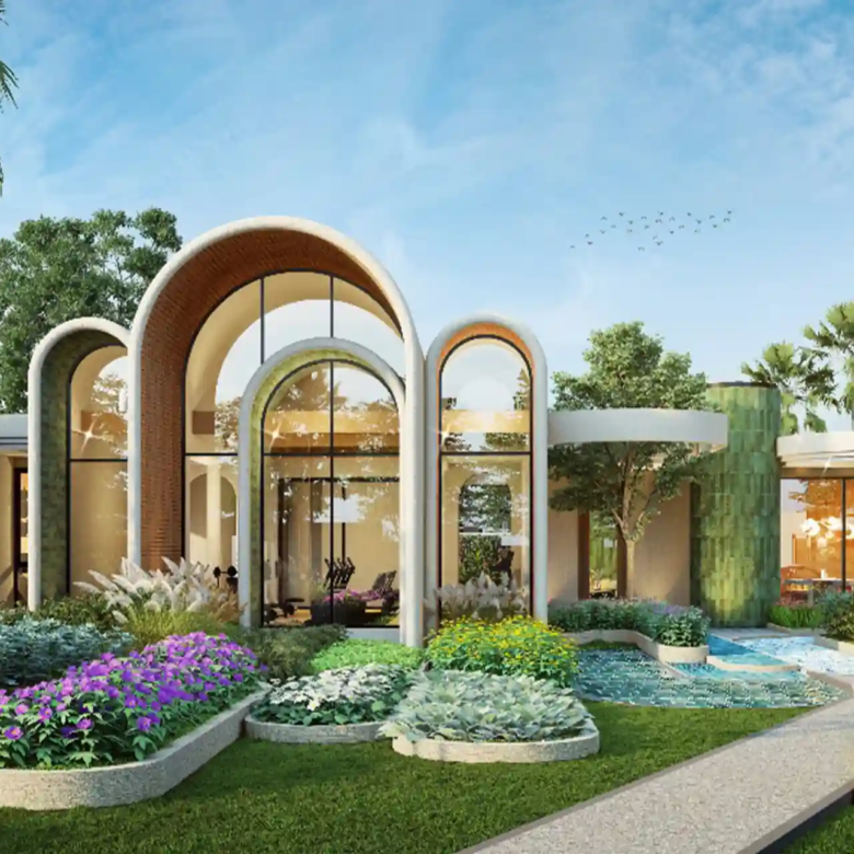 Botanica Pru Jampa Pool Villas arched glass clubhouse and flowerbeds