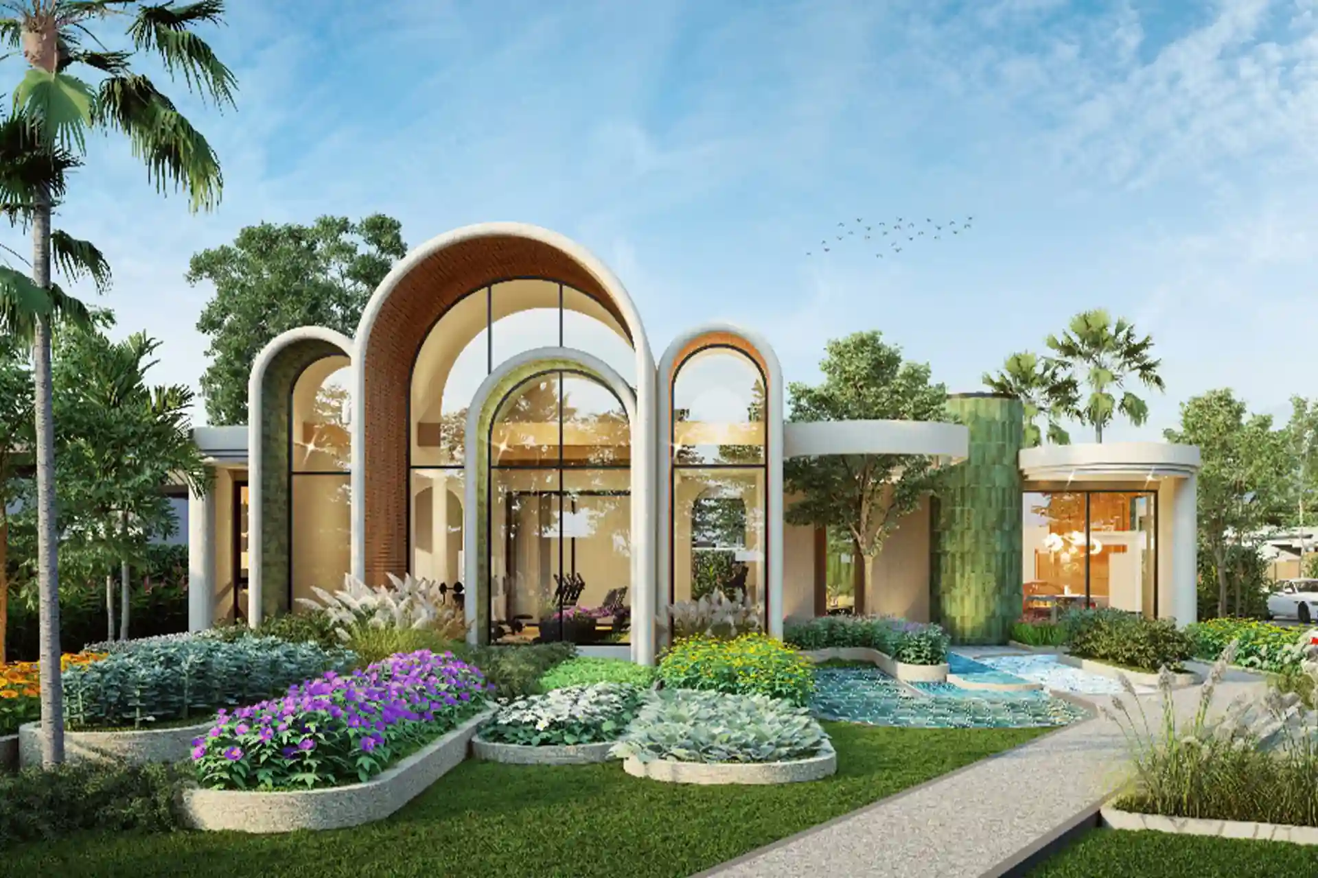 Botanica Pru Jampa Pool Villas arched glass clubhouse and flowerbeds