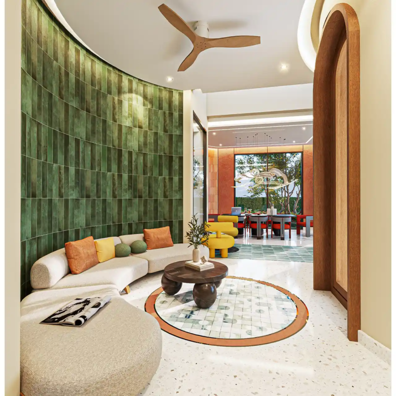 Botanica Pru Jampa Pool Villas colorful lounge with curved green wall