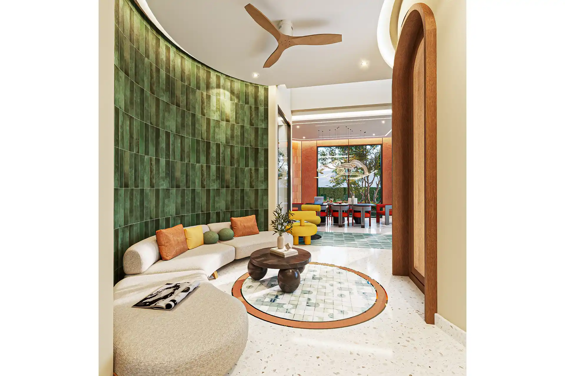 Botanica Pru Jampa Pool Villas colorful lounge with curved green wall